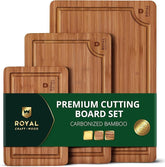 ROYAL CRAFT WOOD Wooden Cutting Boards for Kitchen Meal Prep & Serving - Bamboo Wood Serving Board Set with Deep Juice Groove Side Handles - Charcuterie & Chopping Butcher Block for Meat (3 Pcs)