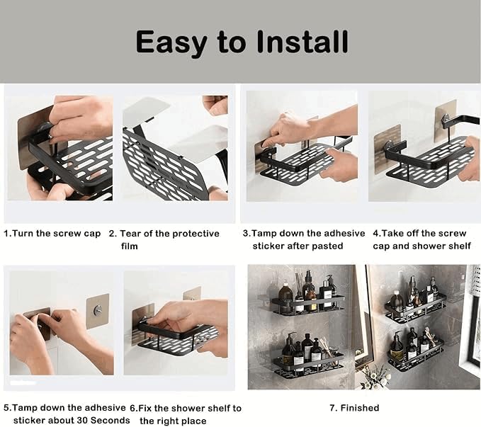 Shower Caddy Shelf- Self Adhesive No Drilling- Bathroom Shower Rack- Wall Mounted -Organizer with Rustproof Basket-Toilet and Kitchen Storage-Pack (2PCS Black.)