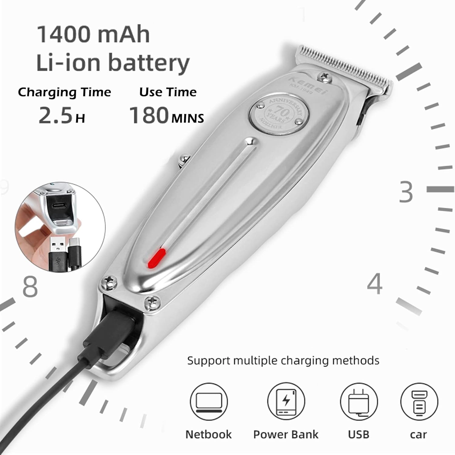 KEMEI 1949 Trimmer Professional Hair Clippers for Men Zero Gap Electric Cordless Beard/Hair Trimmer Rechargeable T-Blade Haircut Machine for Stylists and Barbers Grooming Kit, Silver