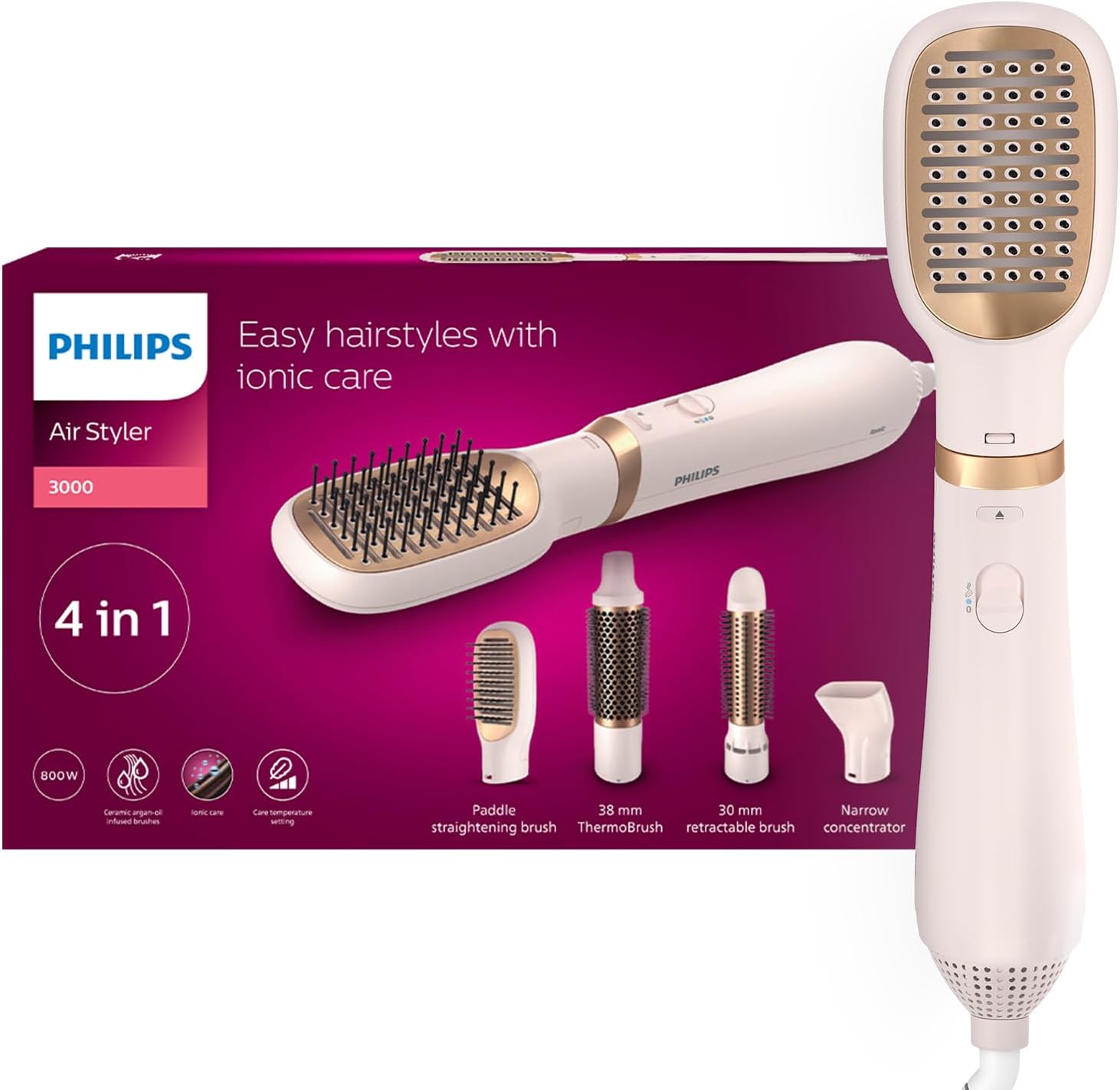 Philips 3000 Series Air Styler for Drying and Styling with Ionic Care, 800W, 3 Heat Settings, 4 attachments, BHA310/03 - Rose/Gold