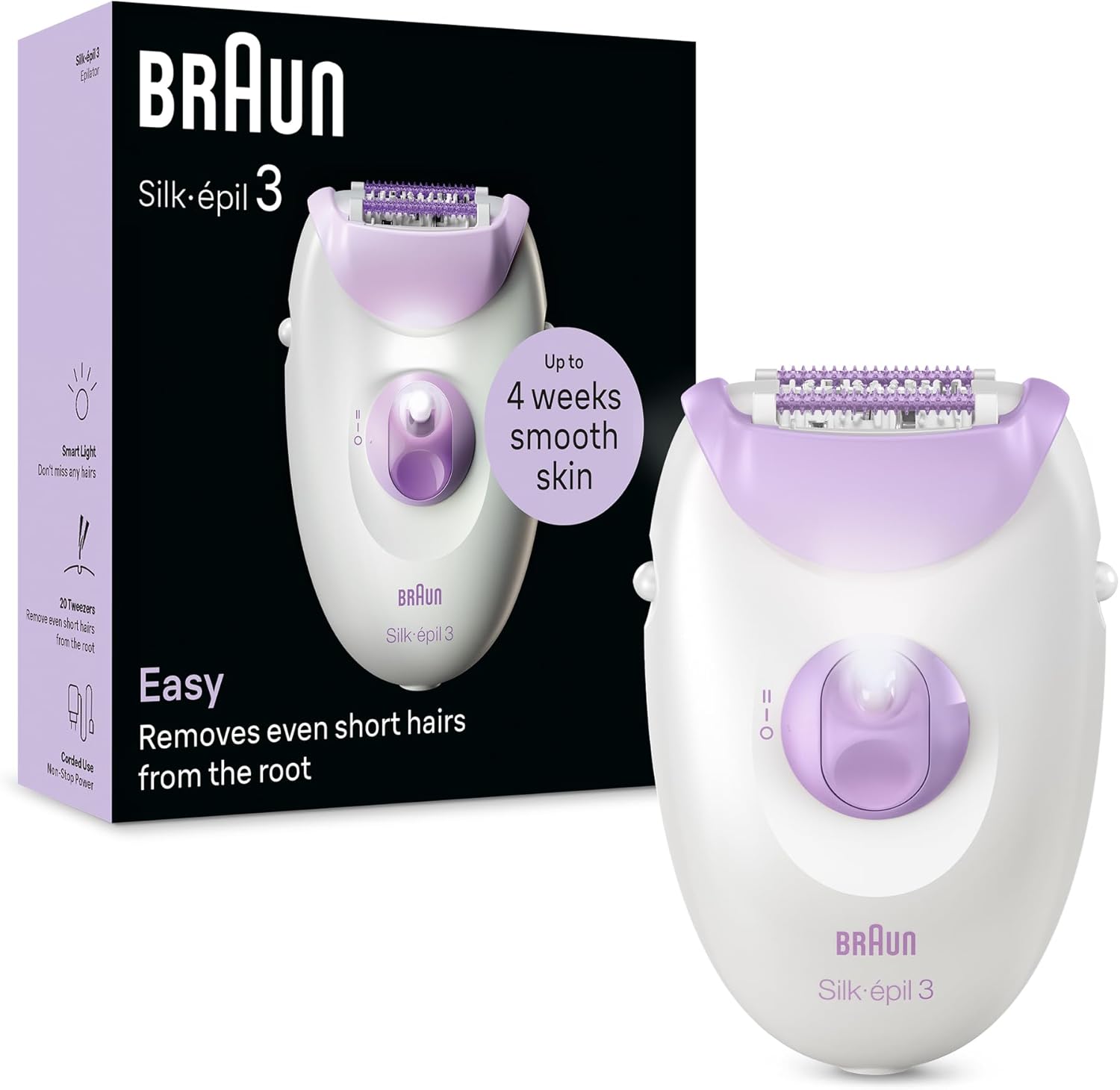 Braun Silk-épil 3 SE 3-000 Epilator, Removes Even Short Hairs From The Root, 20 MicroGrip Tweezers, Non-Stop Corded Epilator, Smart Light, Hair Removal Device - White