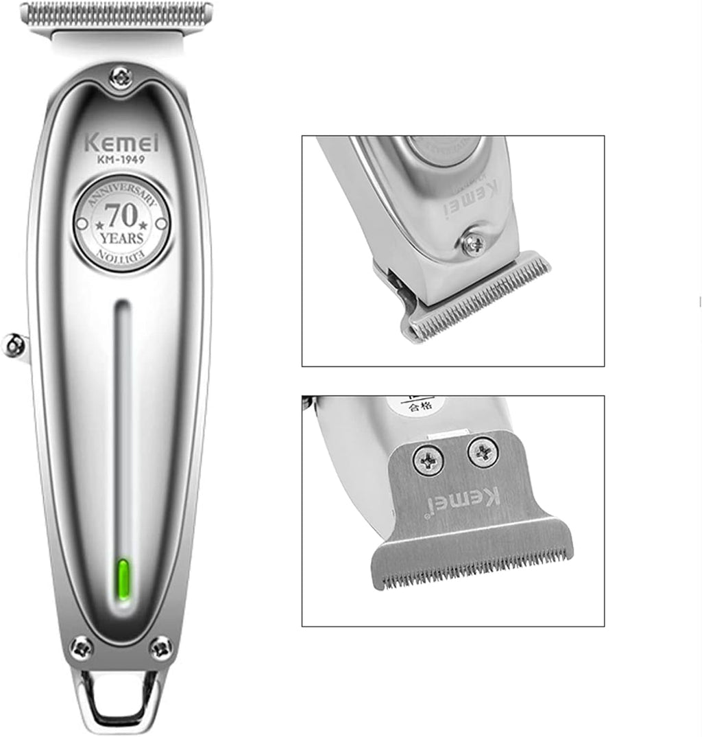 KEMEI 1949 Trimmer Professional Hair Clippers for Men Zero Gap Electric Cordless Beard/Hair Trimmer Rechargeable T-Blade Haircut Machine for Stylists and Barbers Grooming Kit, Silver