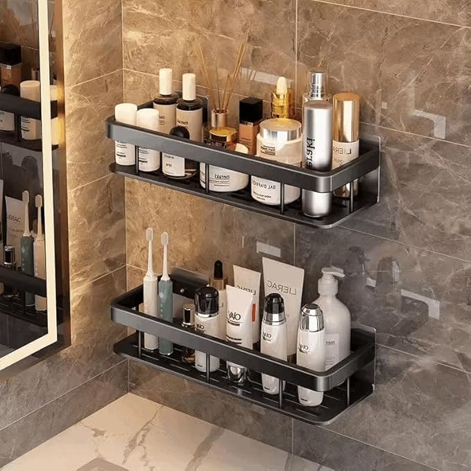 Shower Caddy Shelf- Self Adhesive No Drilling- Bathroom Shower Rack- Wall Mounted -Organizer with Rustproof Basket-Toilet and Kitchen Storage-Pack (2PCS Black.)