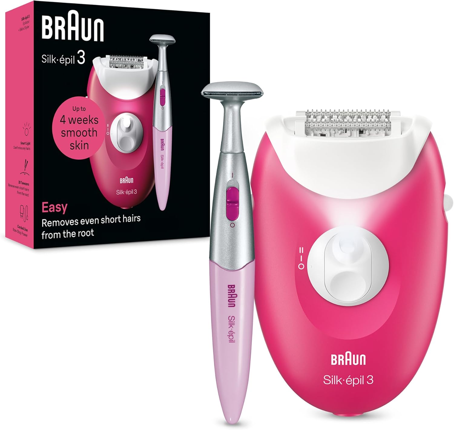 Braun Silk-épil 3 SE 3-202 Epilator, Removes Even Short Hairs From The Root, 20 MicroGrip Tweezers, Non-Stop Corded Epilator, Smart Light, Bikini Styler Included, Hair Removal Device - Pink