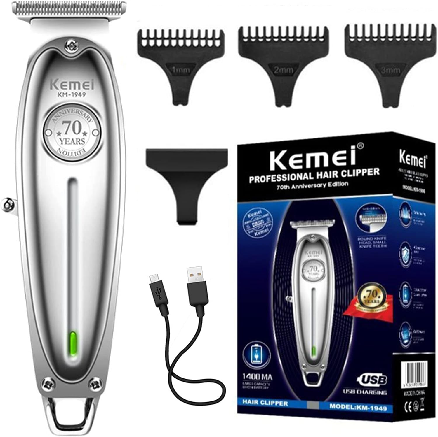 KEMEI 1949 Trimmer Professional Hair Clippers for Men Zero Gap Electric Cordless Beard/Hair Trimmer Rechargeable T-Blade Haircut Machine for Stylists and Barbers Grooming Kit, Silver