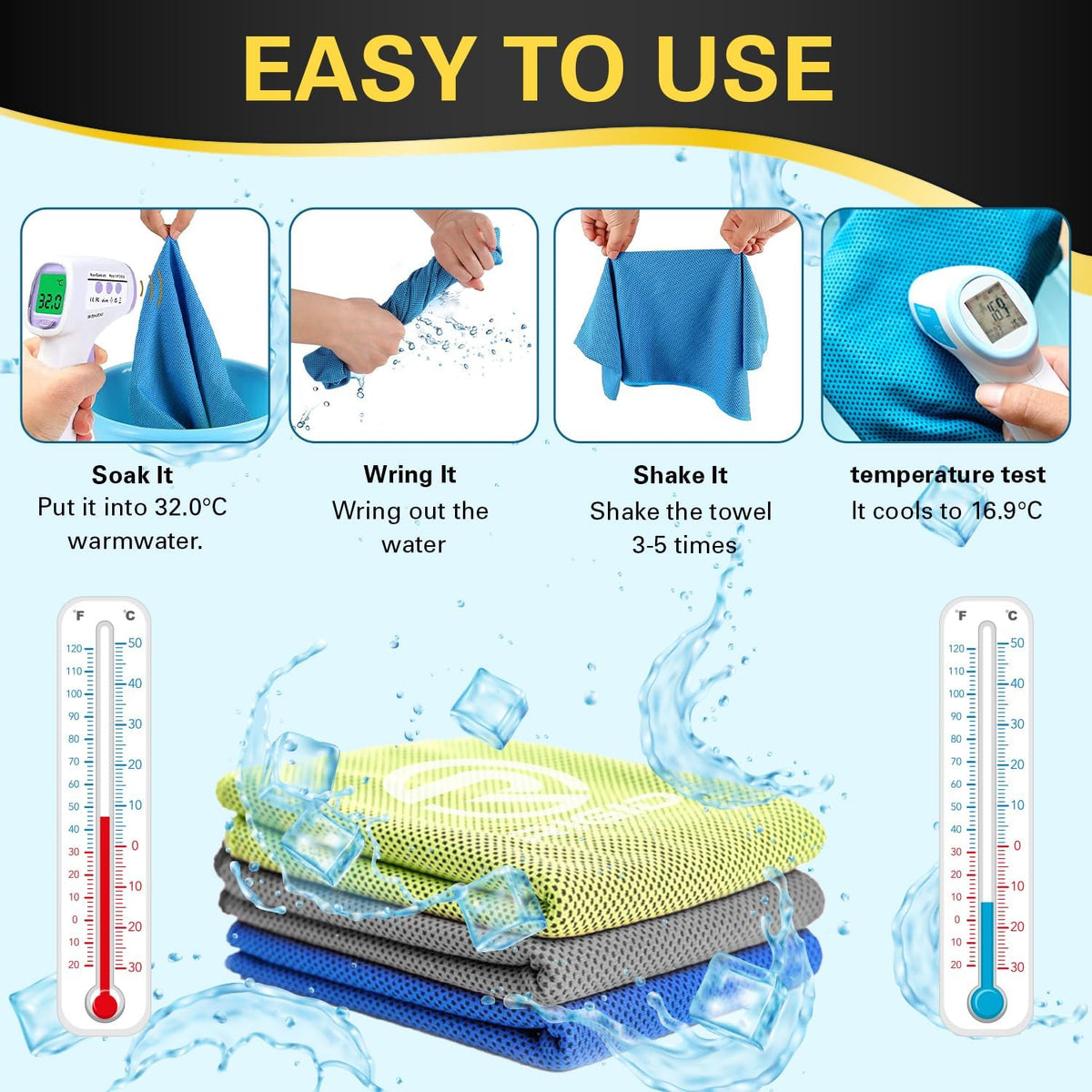 Cooling Towel Pack of 3 | Instant Cooling Microfiber Sports Towel with Portable Carry Pouch | Quick Dry, Lightweight, Reusable for Gym, Running, Fitness, Travel & Outdoor Activities