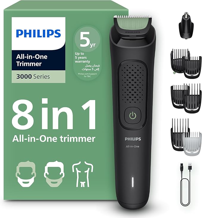 Philips All-in-One Trimmer MG3940/15 | 8-in-1 Beard, Hair & Nose trimmer | Adjustable 3–7 mm comb + hair & body combs | 70 min cordless | Washable attachments | USB-A charging | Pouch