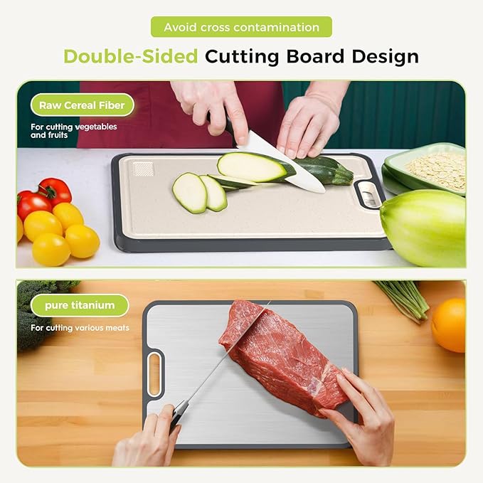 Titanium Cutting Boards for Kitchen, Cutting Board Double Sided Food Grade, Pure Titanium and Wheat Straw PP, Dishwasher Safe Easy to Clean Large Size 39×27cm
