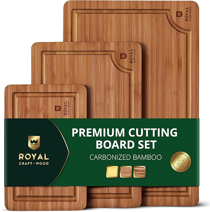ROYAL CRAFT WOOD Wooden Cutting Boards for Kitchen Meal Prep & Serving - Bamboo Wood Serving Board Set with Deep Juice Groove Side Handles - Charcuterie & Chopping Butcher Block for Meat (3 Pcs)