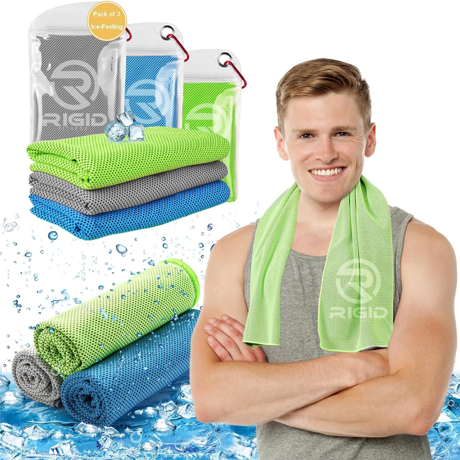 Cooling Towel Pack of 3 | Instant Cooling Microfiber Sports Towel with Portable Carry Pouch | Quick Dry, Lightweight, Reusable for Gym, Running, Fitness, Travel & Outdoor Activities