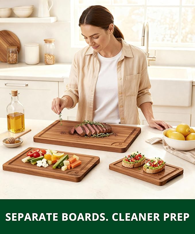 ROYAL CRAFT WOOD Wooden Cutting Boards for Kitchen Meal Prep & Serving - Bamboo Wood Serving Board Set with Deep Juice Groove Side Handles - Charcuterie & Chopping Butcher Block for Meat (3 Pcs)