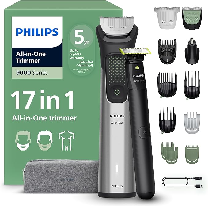 Philips All-in-One Trimmer MG9535/15 | 17-in-1 Face, Hair & Body Grooming | OneBlade for Precision Styling | 120min Cordless, Showerproof | Travel Pouch Included