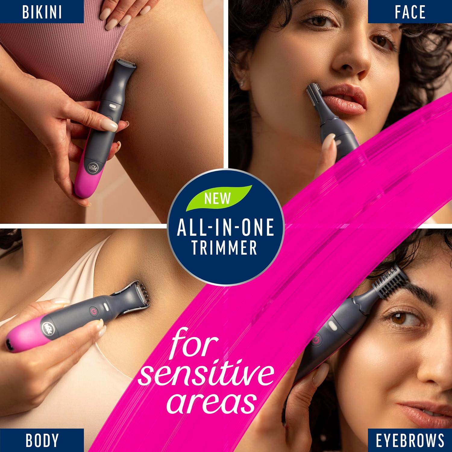 Veet Expert Electric All-in-one Trimmer, Women Hair Removal Device Bikini, Face & Eyebrows Multi-Use, USB Charging & Accessories Rechargeable, 100percent Waterproof, Designed for Wet & Dry Use