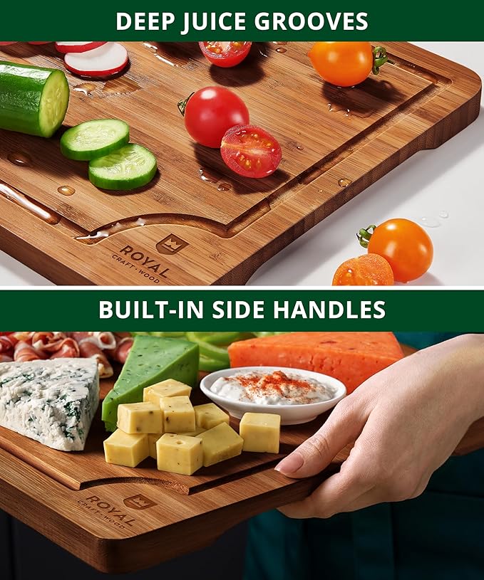 ROYAL CRAFT WOOD Wooden Cutting Boards for Kitchen Meal Prep & Serving - Bamboo Wood Serving Board Set with Deep Juice Groove Side Handles - Charcuterie & Chopping Butcher Block for Meat (3 Pcs)