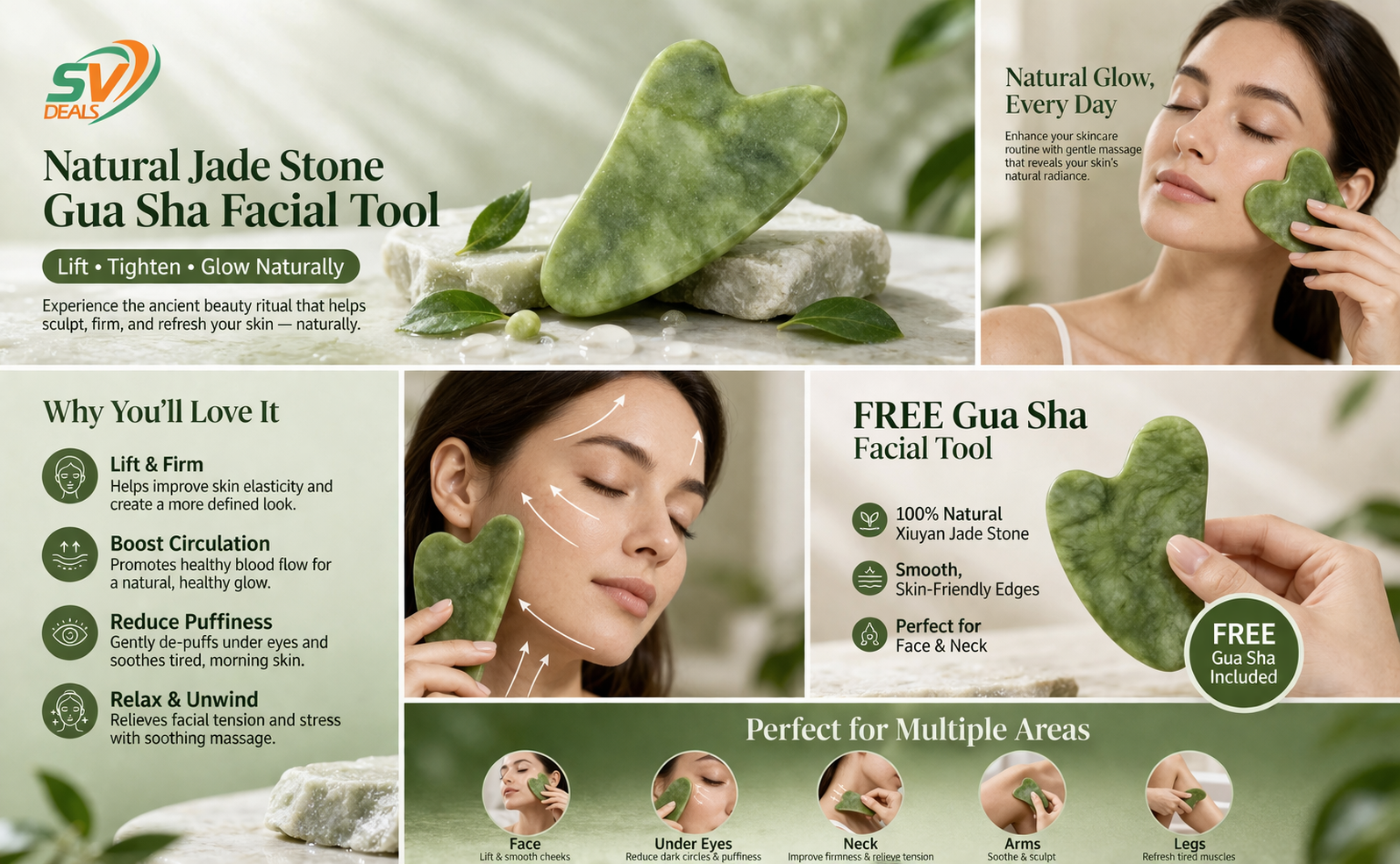 Jade Gua Sha Stone Roller - Facial & Body Massage Tool for Skin Lifting