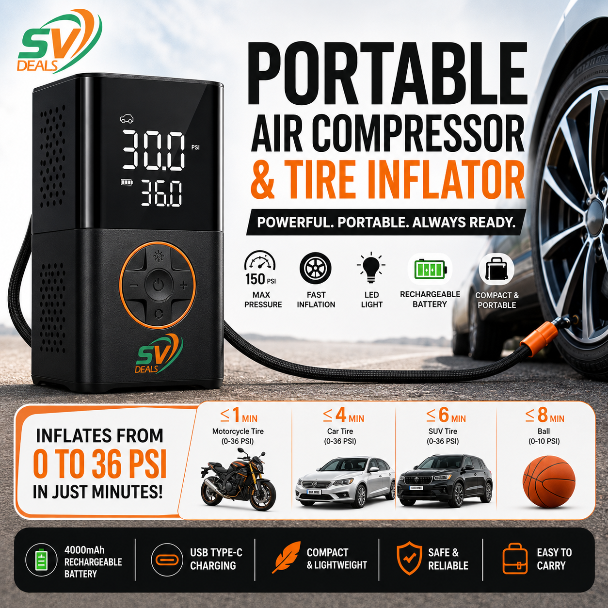 Digital Portable Air Pump for Car Tires, 150 PSI Cordless Tire Inflator with LED Light for Bike & Motorcycle – SV Deals