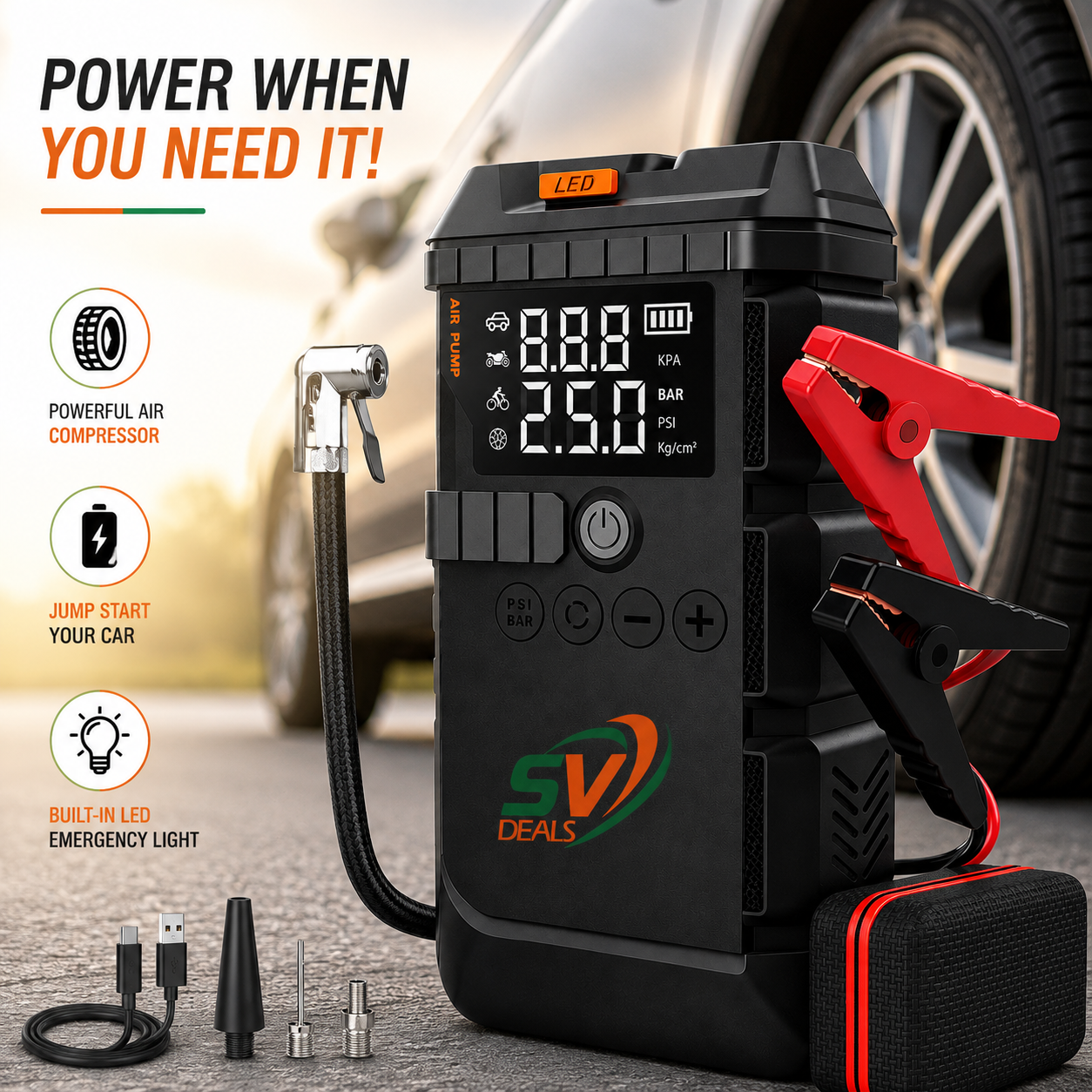 High-Capacity Multi-Function Car Jump Starter Power Bank Featuring 12V Charging and Integrated High-Power Air Pump