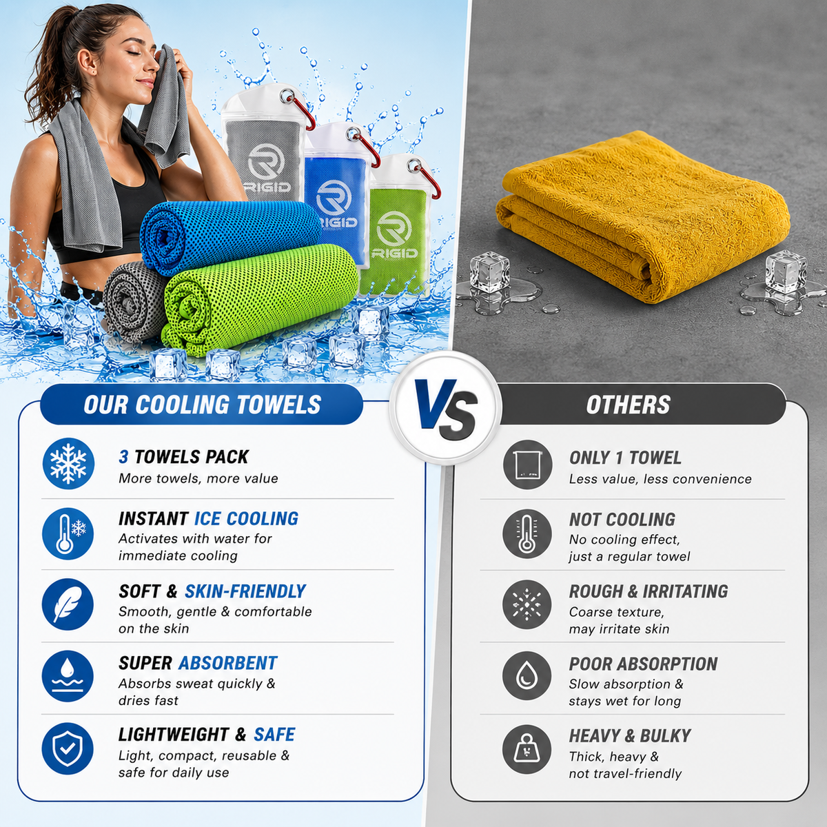 Cooling Towel Pack of 3 | Instant Cooling Microfiber Sports Towel with Portable Carry Pouch | Quick Dry, Lightweight, Reusable for Gym, Running, Fitness, Travel & Outdoor Activities