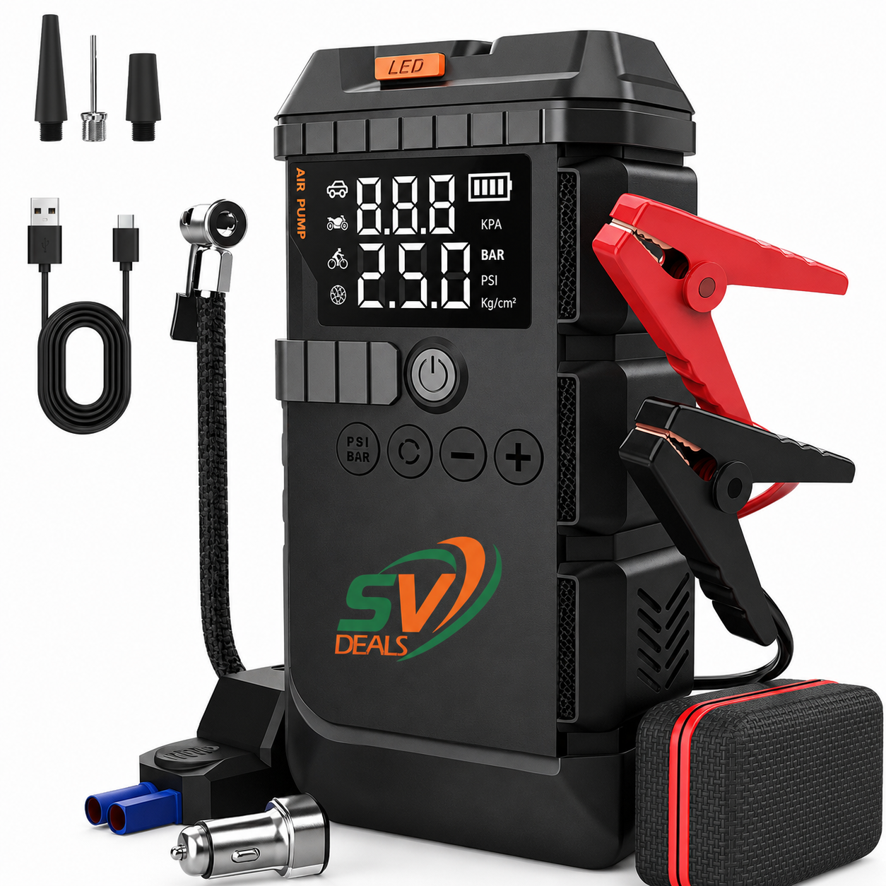 High-Capacity Multi-Function Car Jump Starter Power Bank Featuring 12V Charging and Integrated High-Power Air Pump