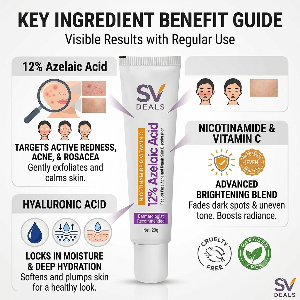 Azelaic Acid Serum 12% - Buy One Get One Free - Hyaluronic Acid & Niacinamide Facial Treatment for Redness, Dark Spots & Pore Cleansing