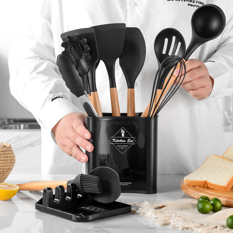12-in-1 Kitchen Gadgets Utensil Set - Silicone Cooking Tools with Wooden Handles