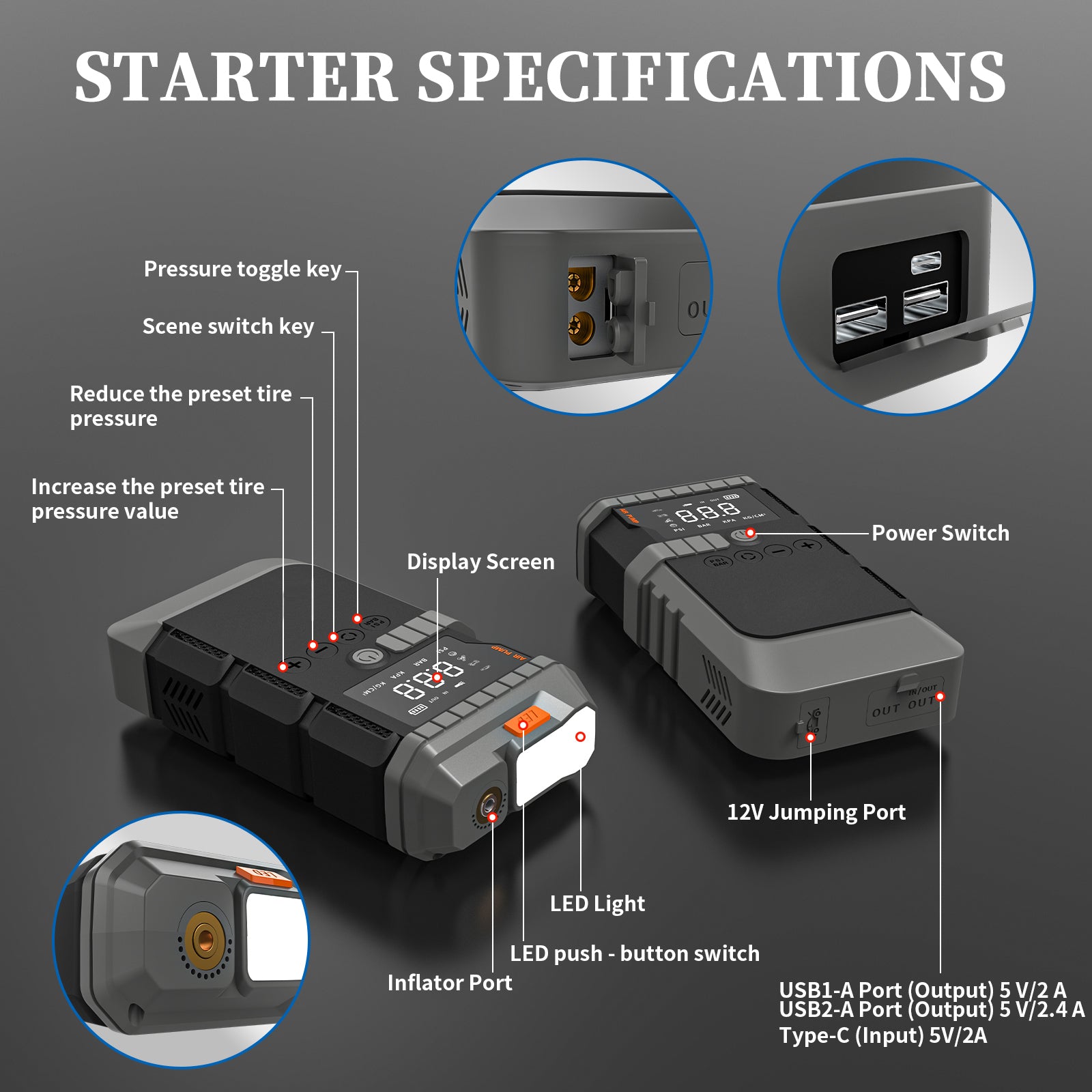 Multi-Function Car Jump Starter Power Bank with Air Pump & 12V Charging