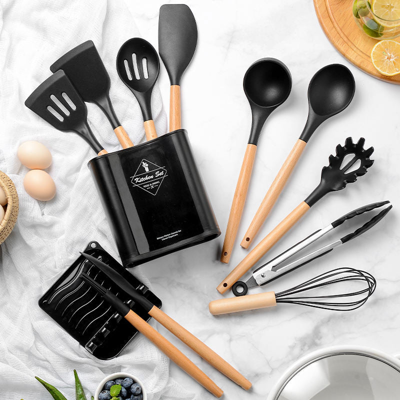 12 Pieces in 1 Set Kitchen Gadgets Tools Stand Kitchenware Spatula Silicone Cooking Utensils Set With Wooden Handles