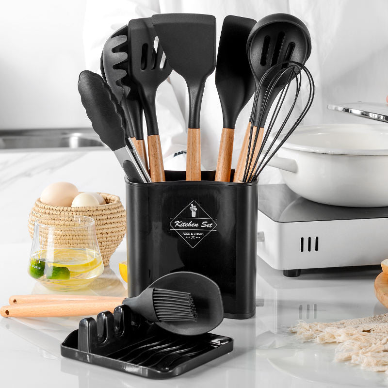12 Pieces in 1 Set Kitchen Gadgets Tools Stand Kitchenware Spatula Silicone Cooking Utensils Set With Wooden Handles