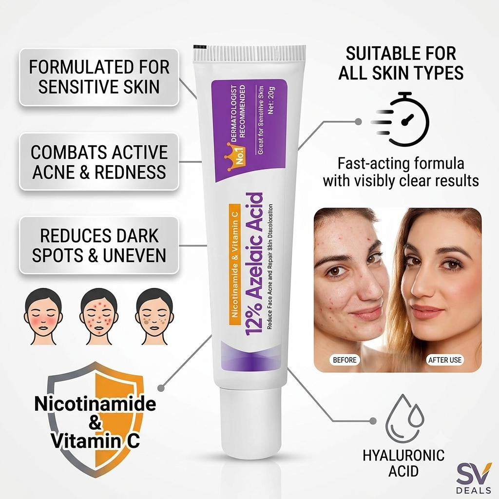 Azelaic Acid Serum 12% - Buy One Get One Free - Hyaluronic Acid & Niacinamide Facial Treatment for Redness, Dark Spots & Pore Cleansing